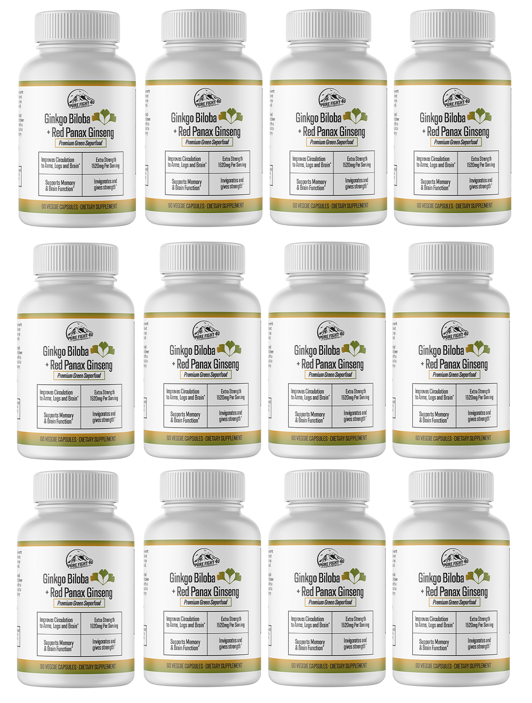 Ginkgo Biloba+Red Panax Ginseng Premium Green Superfood -12 Bottles 720 Capsules