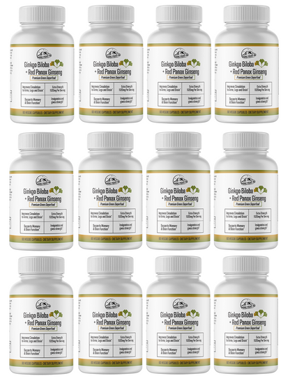 Ginkgo Biloba+Red Panax Ginseng Premium Green Superfood -12 Bottles 720 Capsules