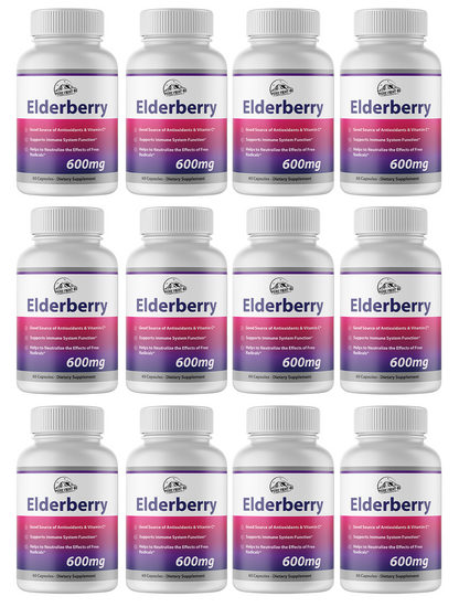 Elderberry Capsules 600mg Immune System Support - 12 Bottles 720 Capsules