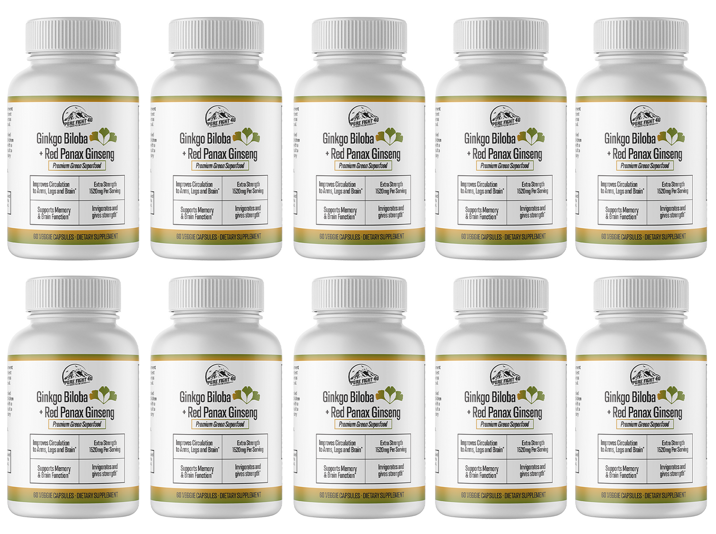 Ginkgo Biloba+Red Panax Ginseng Premium Green Superfood -10 Bottles 600 Capsules