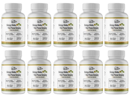 Ginkgo Biloba+Red Panax Ginseng Premium Green Superfood -10 Bottles 600 Capsules