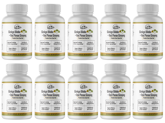 Ginkgo Biloba+Red Panax Ginseng Premium Green Superfood -10 Bottles 600 Capsules